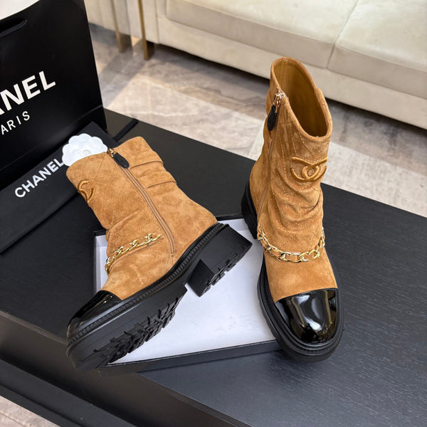 CC 26s Combat Boots Quilted Brown Suede Black Patent Calfskin 957755