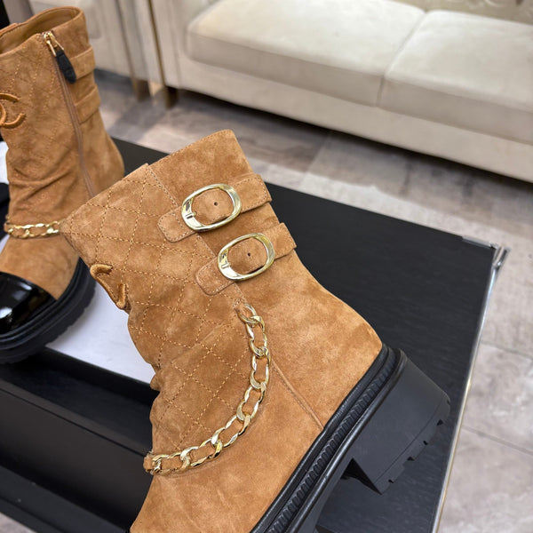 CC 26s Combat Boots Quilted Brown Suede Black Patent Calfskin 957755