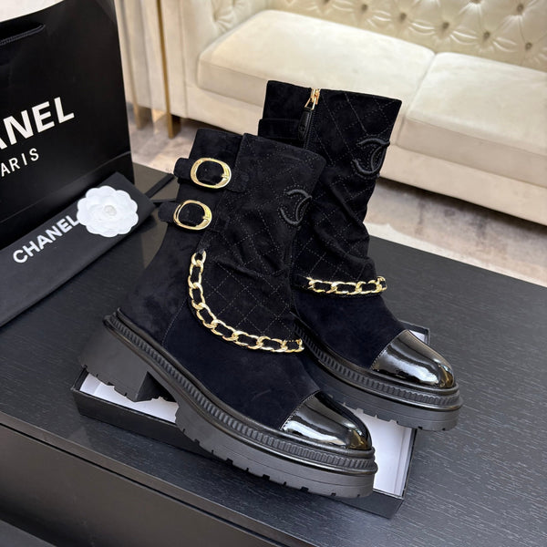 CC 26s Combat Boots Quilted Black Suede Black Patent Calfskin 957756