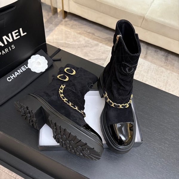 CC 26s Combat Boots Quilted Black Suede Black Patent Calfskin 957756