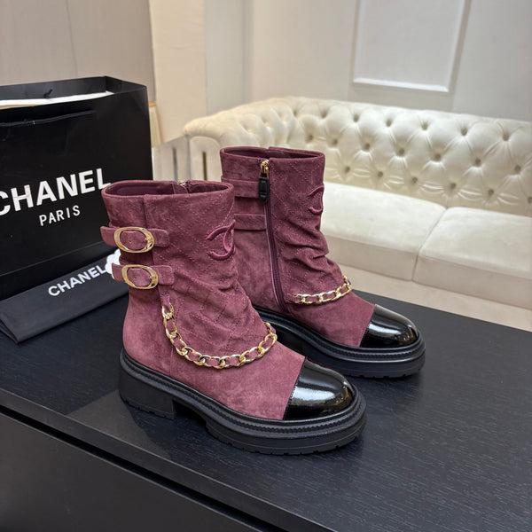 CC 26s Combat Boots Quilted Burgundy Suede Black Patent Calfskin 957757