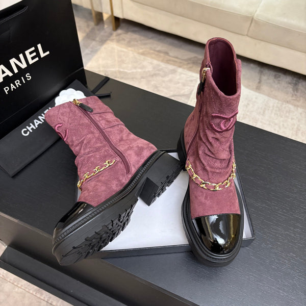 CC 26s Combat Boots Quilted Burgundy Suede Black Patent Calfskin 957757