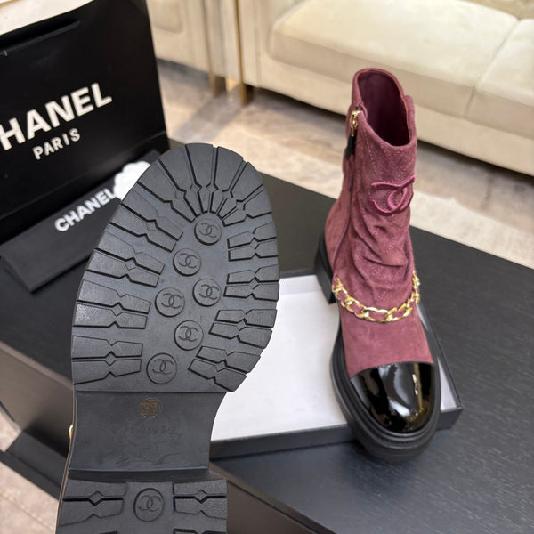 CC 26s Combat Boots Quilted Burgundy Suede Black Patent Calfskin 957757