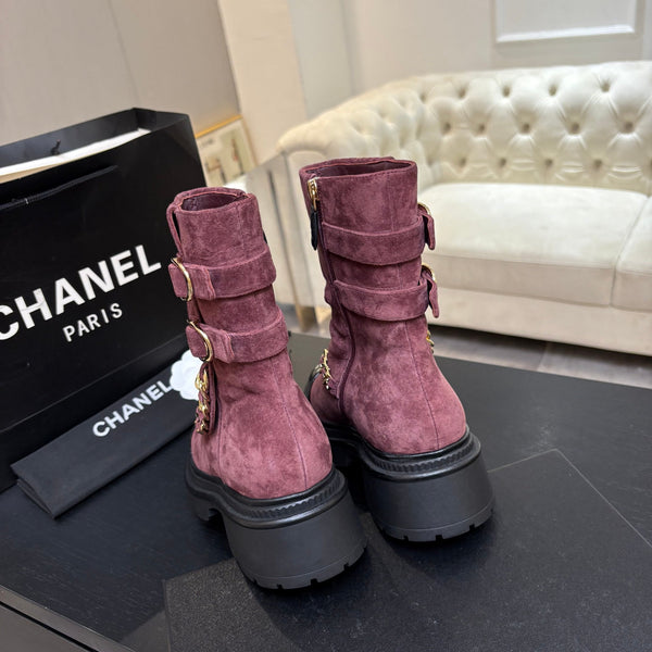 CC 26s Combat Boots Quilted Burgundy Suede Black Patent Calfskin 957757
