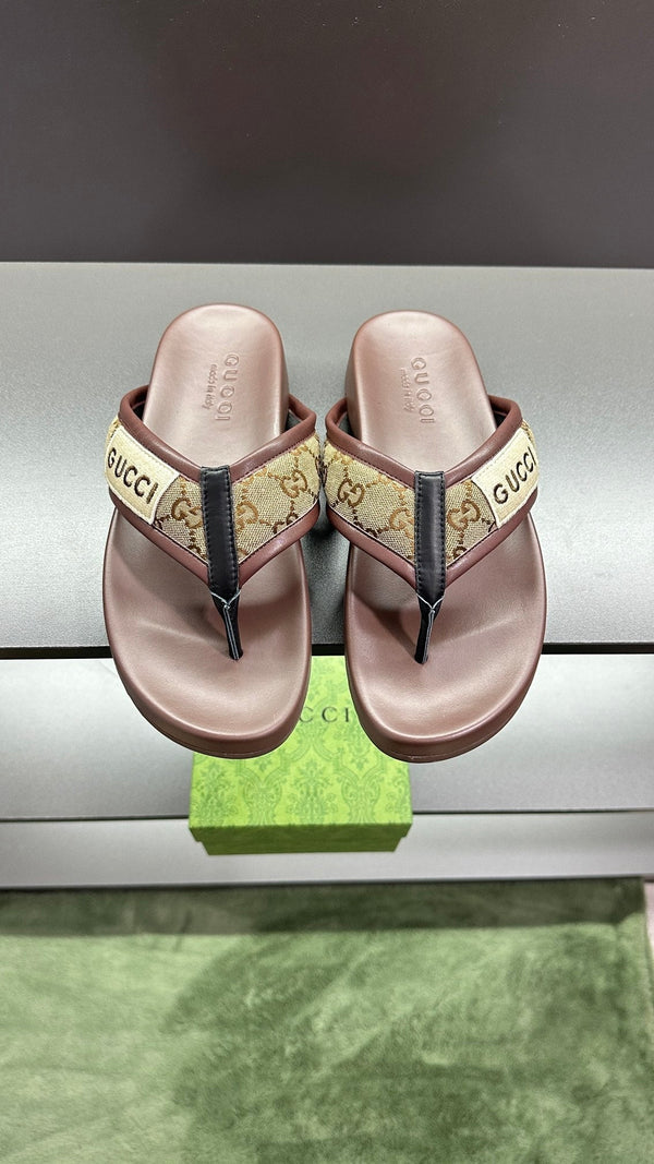 GG Men's Thong Sandals Brown Polyester Leather 547249