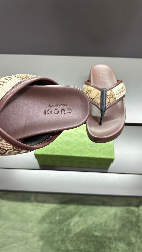 GG Men's Thong Sandals Brown Polyester Leather 547249