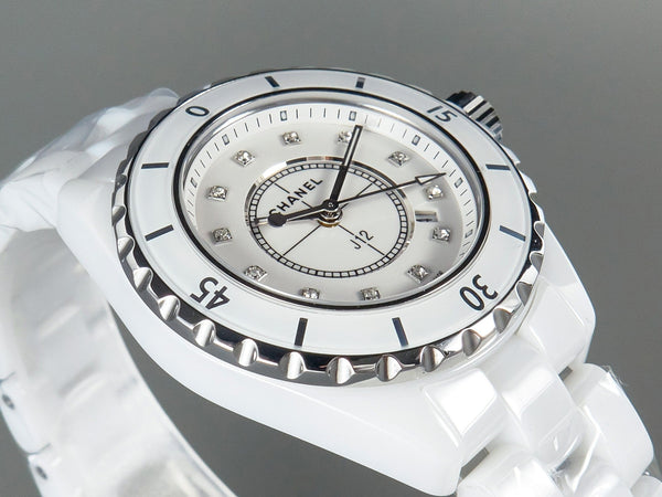 J12 Date Quartz Ceramica Bianca Numeri di Diamanti Quadrante Bianco 