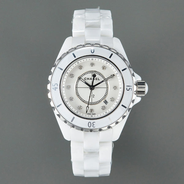 J12 Date Quartz Ceramica Bianca Numeri di Diamanti Quadrante Bianco 
