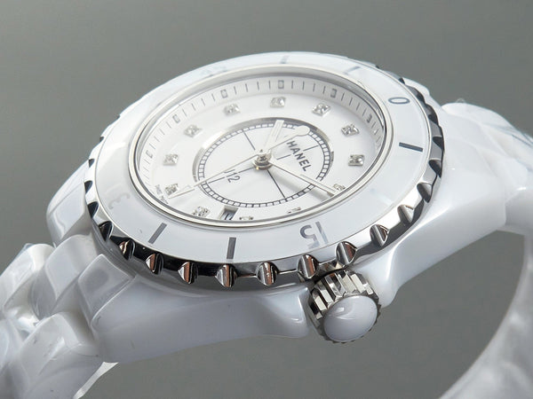 J12 Date Quartz Ceramica Bianca Numeri di Diamanti Quadrante Bianco 