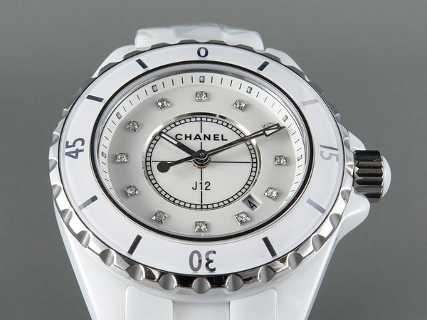J12 Date Quartz Ceramica Bianca Numeri di Diamanti Quadrante Bianco 