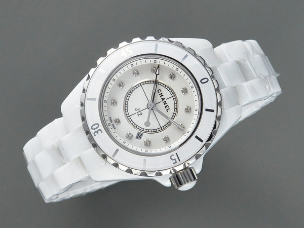 J12 Date Quartz Ceramica Bianca Numeri di Diamanti Quadrante Bianco 