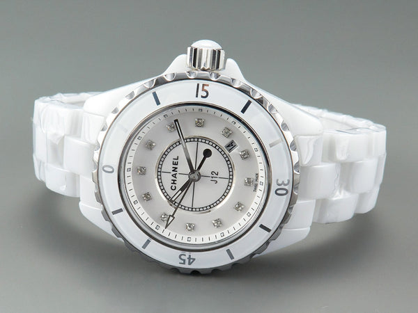 J12 Date Quartz Ceramica Bianca Numeri di Diamanti Quadrante Bianco 