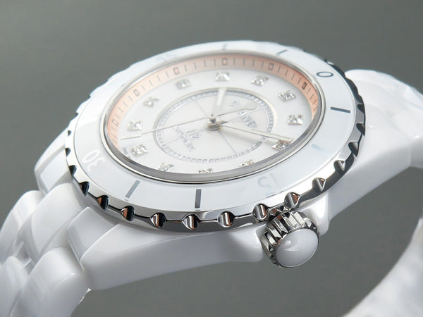 J12 Automatico in ceramica bianca con numeri di diamanti e quadrante rosa 