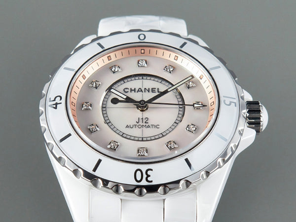 J12 Automatico in ceramica bianca con numeri di diamanti e quadrante rosa 