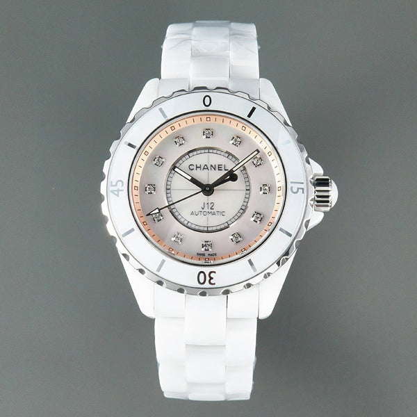 J12 Automatico in ceramica bianca con numeri di diamanti e quadrante rosa 