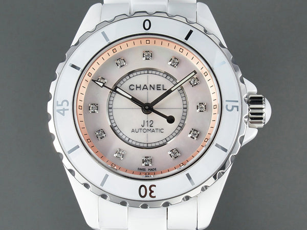 J12 Automatico in ceramica bianca con numeri di diamanti e quadrante rosa 