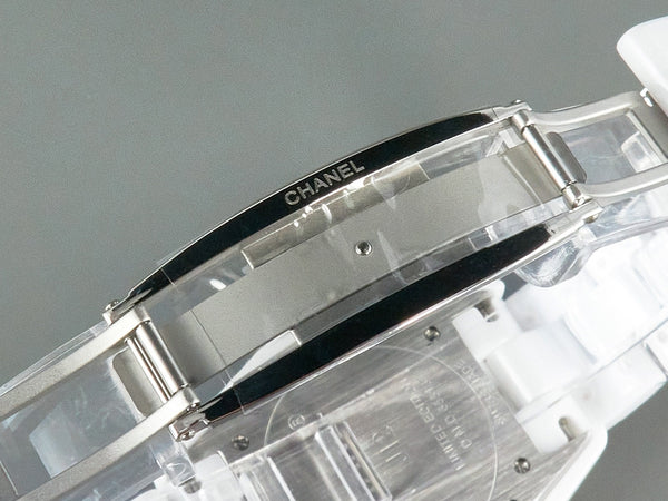 J12 Automatico in ceramica bianca con numeri di diamanti e quadrante rosa 
