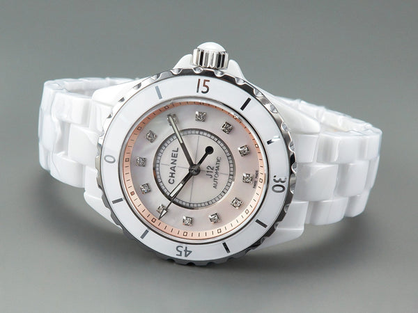 J12 Automatico in ceramica bianca con numeri di diamanti e quadrante rosa 