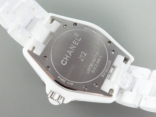 J12 Automatico in ceramica bianca con numeri di diamanti e quadrante rosa 