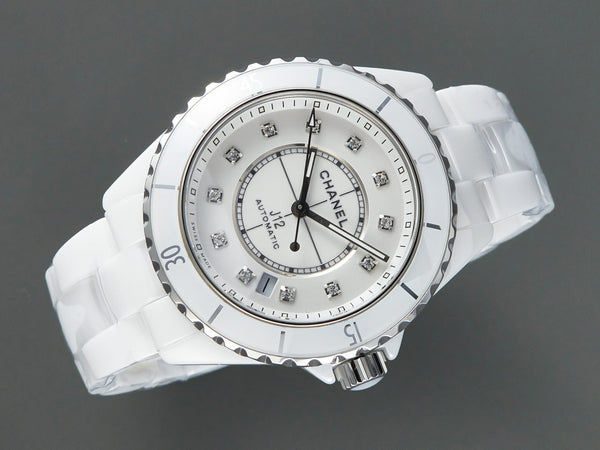 J12 automatico in ceramica bianca con numeri di diamanti e quadrante bianco 