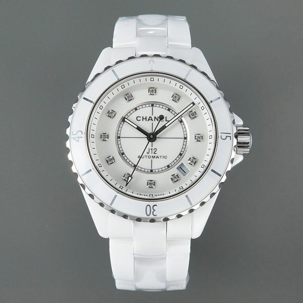 J12 automatico in ceramica bianca con numeri di diamanti e quadrante bianco 