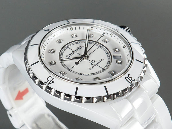 J12 automatico in ceramica bianca con numeri di diamanti e quadrante bianco 