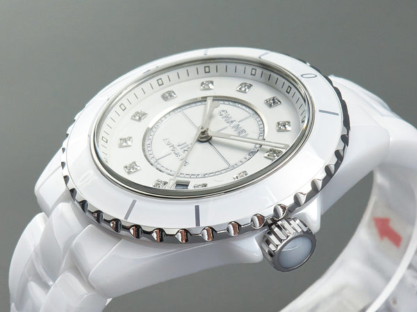 J12 automatico in ceramica bianca con numeri di diamanti e quadrante bianco 