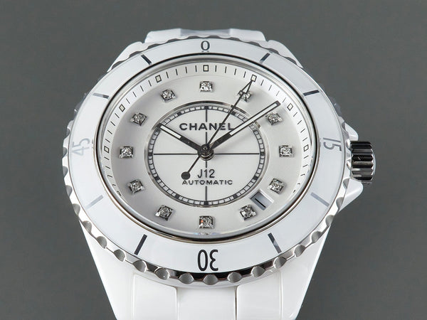 J12 automatico in ceramica bianca con numeri di diamanti e quadrante bianco 