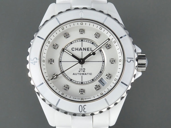 J12 automatico in ceramica bianca con numeri di diamanti e quadrante bianco 
