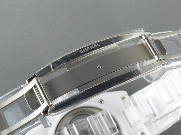 J12 automatico in ceramica bianca con numeri di diamanti e quadrante bianco 