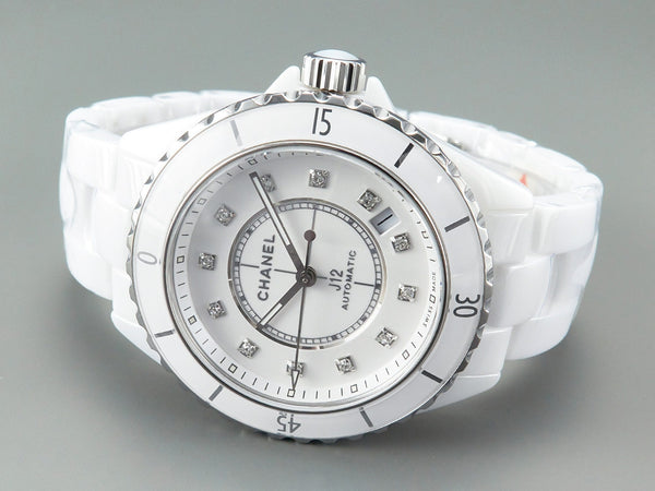 J12 automatico in ceramica bianca con numeri di diamanti e quadrante bianco 