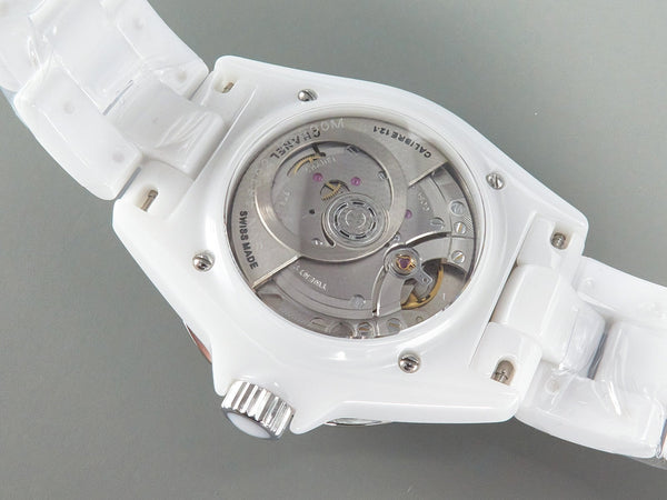 J12 automatico in ceramica bianca con numeri di diamanti e quadrante bianco 