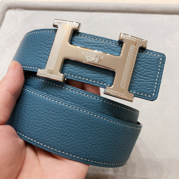 FIBBIA PER CINTURA HM H D'ANCRE E CINTURINO REVERSIBILE IN PELLE BLU-VERDE 38 MM FERRAMENTA IN ARGENTO