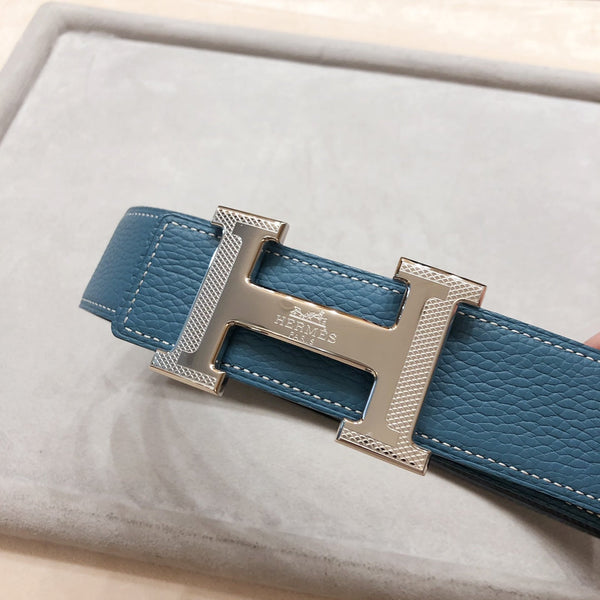 FIBBIA PER CINTURA HM H D'ANCRE E CINTURINO REVERSIBILE IN PELLE BLU-VERDE 38 MM FERRAMENTA IN ARGENTO