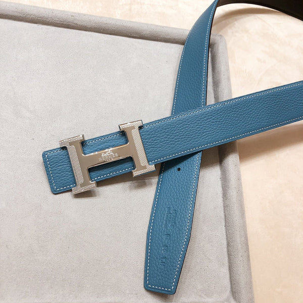 FIBBIA PER CINTURA HM H D'ANCRE E CINTURINO REVERSIBILE IN PELLE BLU-VERDE 38 MM FERRAMENTA IN ARGENTO