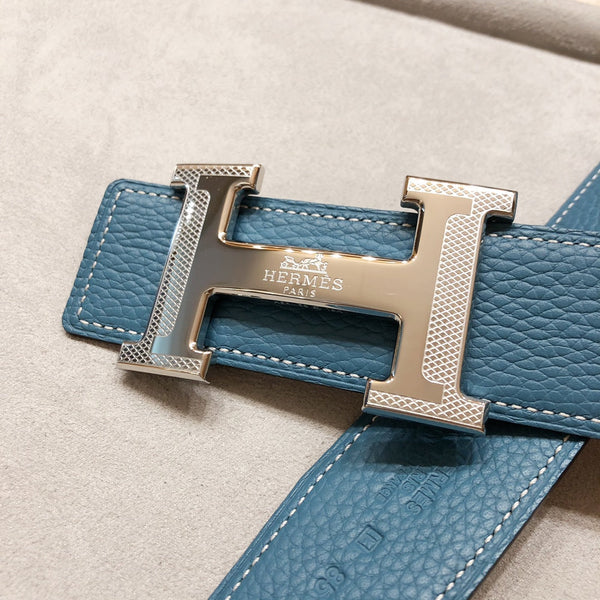 FIBBIA PER CINTURA HM H D'ANCRE E CINTURINO REVERSIBILE IN PELLE BLU-VERDE 38 MM FERRAMENTA IN ARGENTO