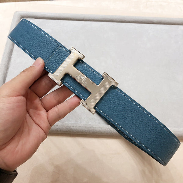 FIBBIA PER CINTURA HM H D'ANCRE E CINTURINO REVERSIBILE IN PELLE BLU-VERDE 38 MM FERRAMENTA IN ARGENTO