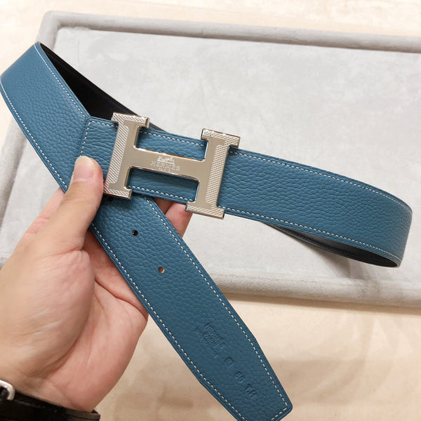 FIBBIA PER CINTURA HM H D'ANCRE E CINTURINO REVERSIBILE IN PELLE BLU-VERDE 38 MM FERRAMENTA IN ARGENTO