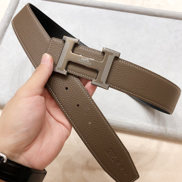 FIBBIA PER CINTURA HM H D'ANCRE E CINTURINO REVERSIBILE IN PELLE MARRONE CAFFÈ 38 MM FERRAMENTA ARGENTO
