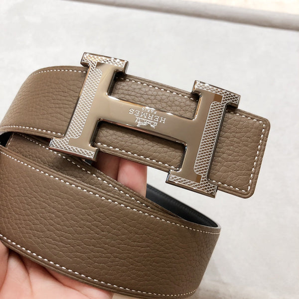 FIBBIA PER CINTURA HM H D'ANCRE E CINTURINO REVERSIBILE IN PELLE MARRONE CAFFÈ 38 MM FERRAMENTA ARGENTO