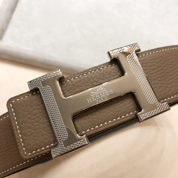 FIBBIA PER CINTURA HM H D'ANCRE E CINTURINO REVERSIBILE IN PELLE MARRONE CAFFÈ 38 MM FERRAMENTA ARGENTO