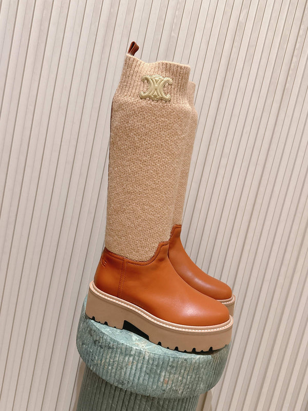 LV Celine Margaret Chelsea Boots Orange Beige Calfskin and Woolen Fabric 532985