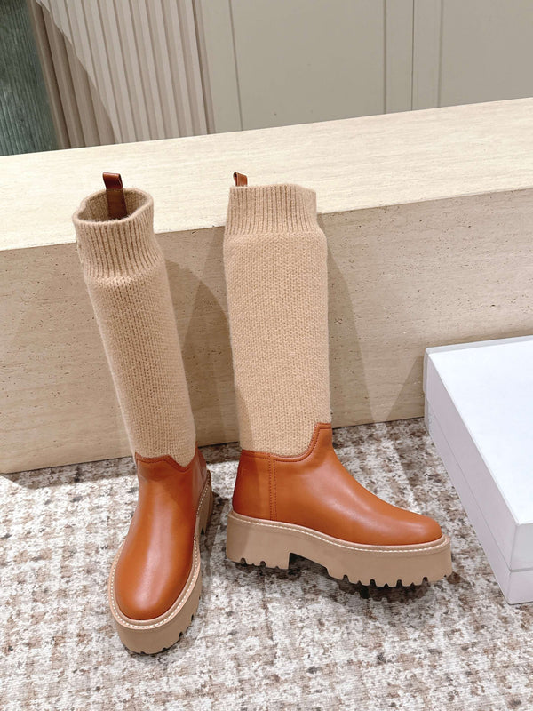 LV Celine Margaret Chelsea Boots Orange Beige Calfskin and Woolen Fabric 532985