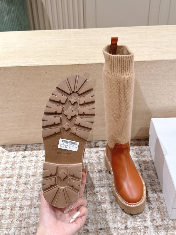 LV Celine Margaret Chelsea Boots Orange Beige Calfskin and Woolen Fabric 532985