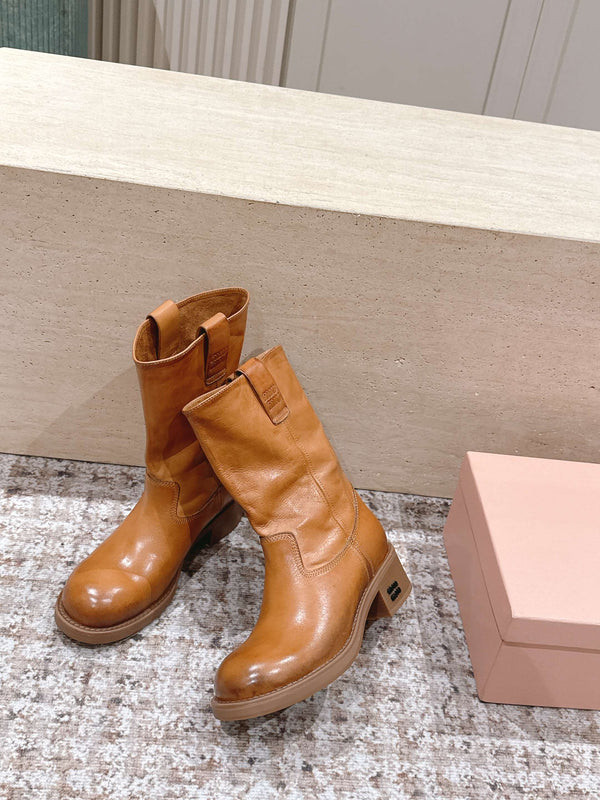 MiuMiu's 26SS Runway Slouch Boots Organge Leather 533044