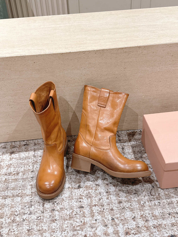 MiuMiu's 26SS Runway Slouch Boots Organge Leather 533044