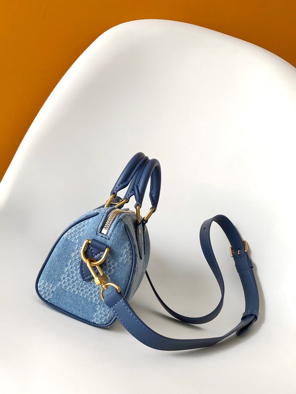 LV Speedy 18 Bandoulière Blue Cotton with 3D Damier Denim GHW