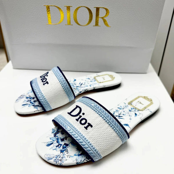 CD 26s Floral Embroidered Sandals White Blue Canvas 683028