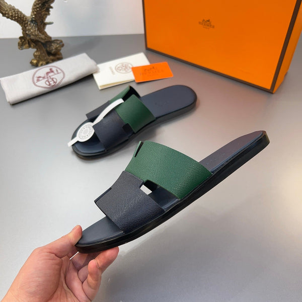 HM Oran Slippers in Black and Green Cowhide 735644