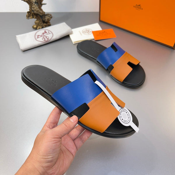 Pantofole HM Oran in pelle di vitello blu e arancione 735647
